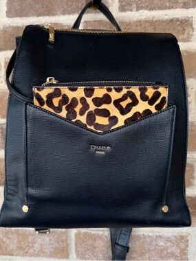 Dune Black Leather Backpack with Leopard Accent Pouch